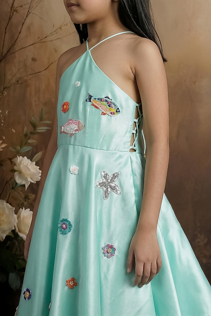 Aqua Blue Satin Handkerchief Gown For Girls by Pragya exclusive at Pernia's Pop Up Shop