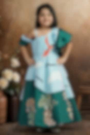 Sky Blue & Green Raw Silk One-Shoulder Gown For Girls by Pragya exclusive at Pernia's Pop Up Shop