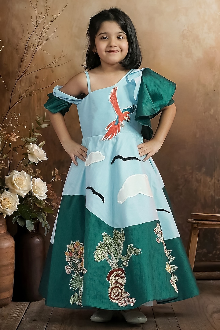 Sky Blue & Green Raw Silk One-Shoulder Gown For Girls by Pragya exclusive at Pernia's Pop Up Shop