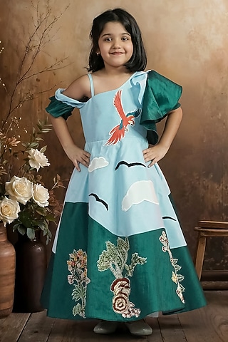 Sky Blue & Green Raw Silk One-Shoulder Gown For Girls by Pragya exclusive