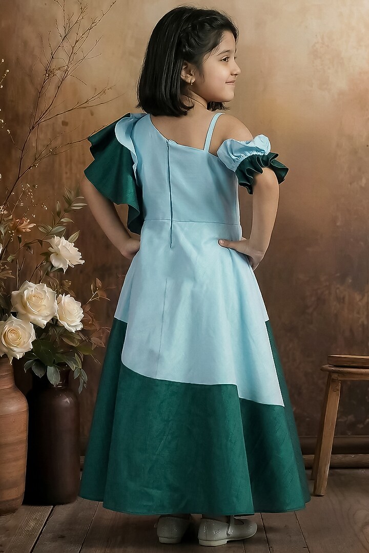 Sky Blue & Green Raw Silk One-Shoulder Gown For Girls by Pragya exclusive at Pernia's Pop Up Shop