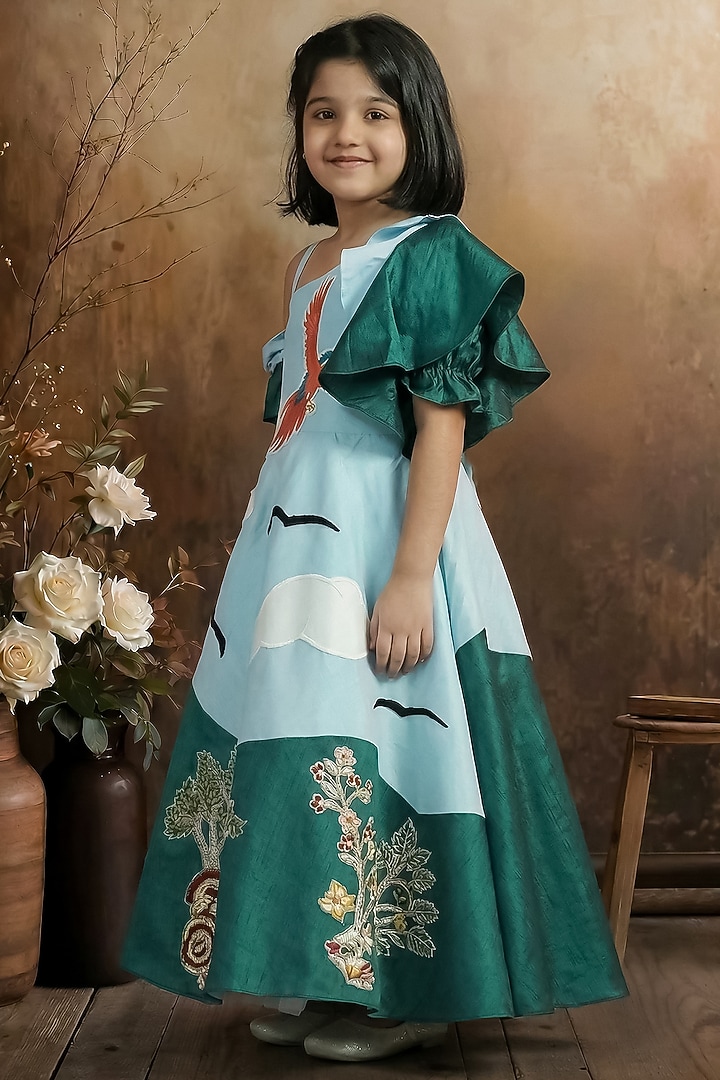 Sky Blue & Green Raw Silk One-Shoulder Gown For Girls by Pragya exclusive at Pernia's Pop Up Shop