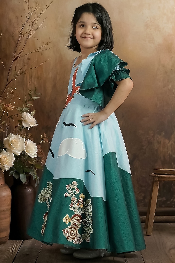 Sky Blue & Green Raw Silk One-Shoulder Gown For Girls by Pragya exclusive at Pernia's Pop Up Shop