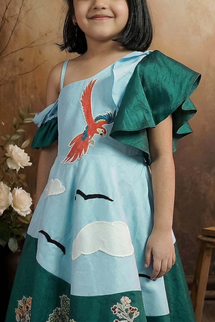 Sky Blue & Green Raw Silk One-Shoulder Gown For Girls by Pragya exclusive at Pernia's Pop Up Shop