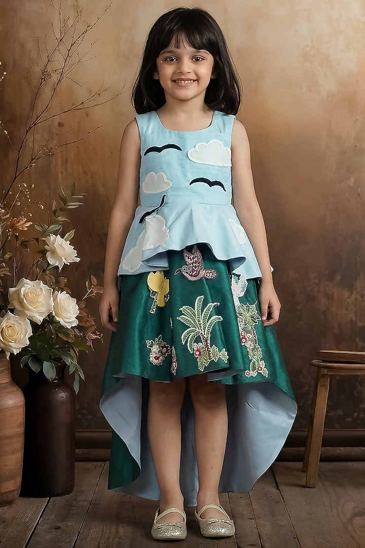 Sky Blue & Green Raw Silk High-Low Dress For Girls by Pragya exclusive at Pernia's Pop Up Shop