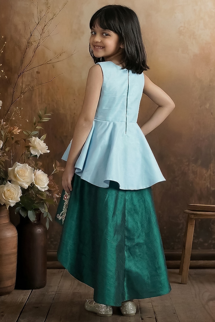Sky Blue & Green Raw Silk High-Low Dress For Girls by Pragya exclusive at Pernia's Pop Up Shop