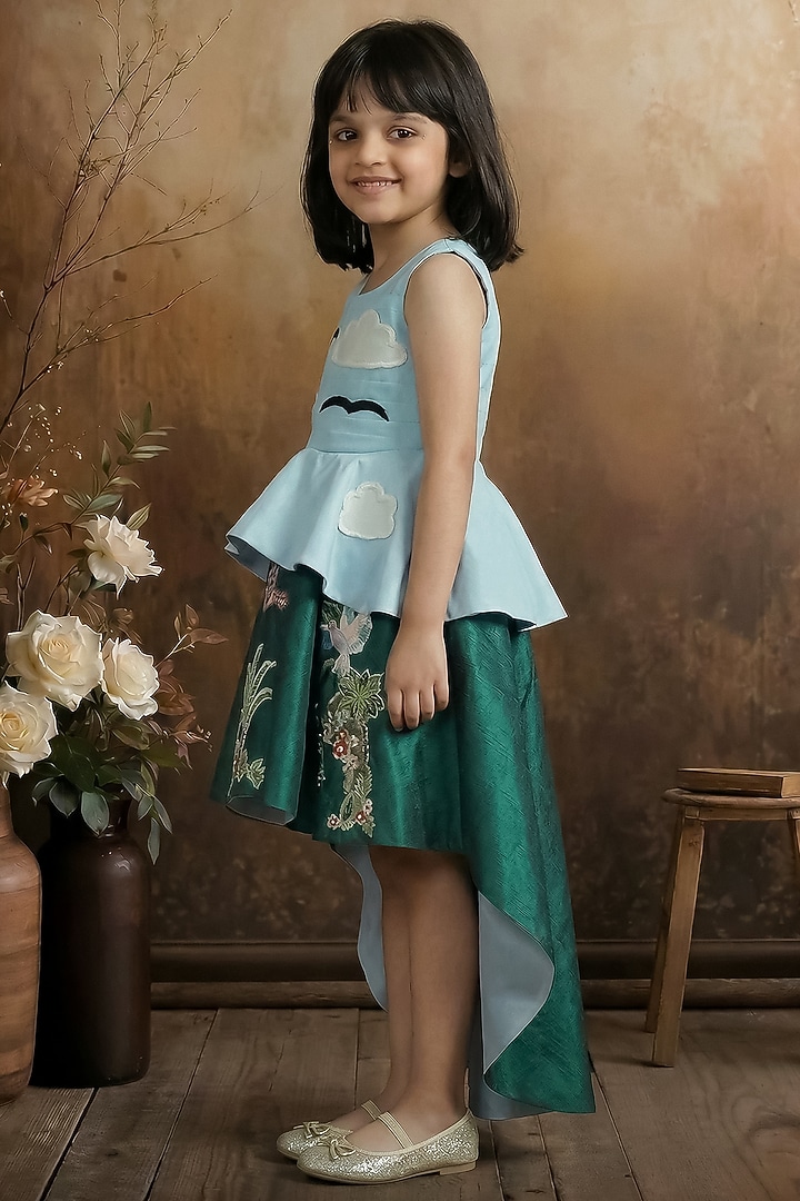 Sky Blue & Green Raw Silk High-Low Dress For Girls by Pragya exclusive at Pernia's Pop Up Shop