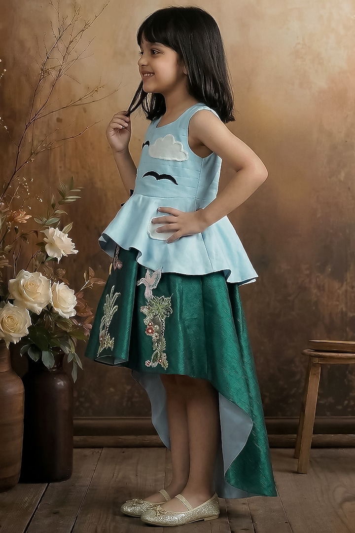 Sky Blue & Green Raw Silk High-Low Dress For Girls by Pragya exclusive at Pernia's Pop Up Shop