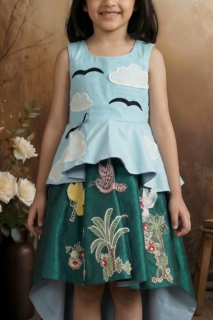 Sky Blue & Green Raw Silk High-Low Dress For Girls by Pragya exclusive at Pernia's Pop Up Shop