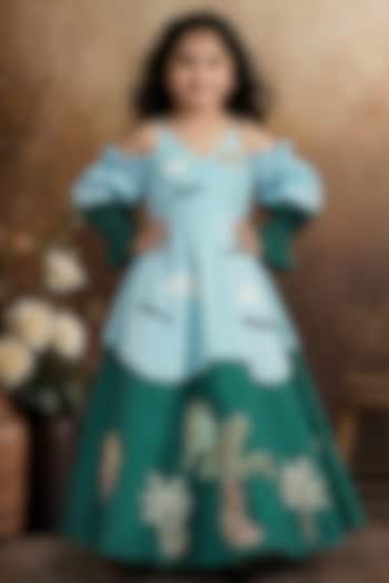 Sky Blue & Green Raw Silk Cold-Shoulder Gown For Girls by Pragya exclusive at Pernia's Pop Up Shop