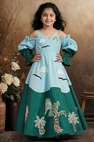 Sky Blue & Green Raw Silk Cold-Shoulder Gown For Girls by Pragya exclusive