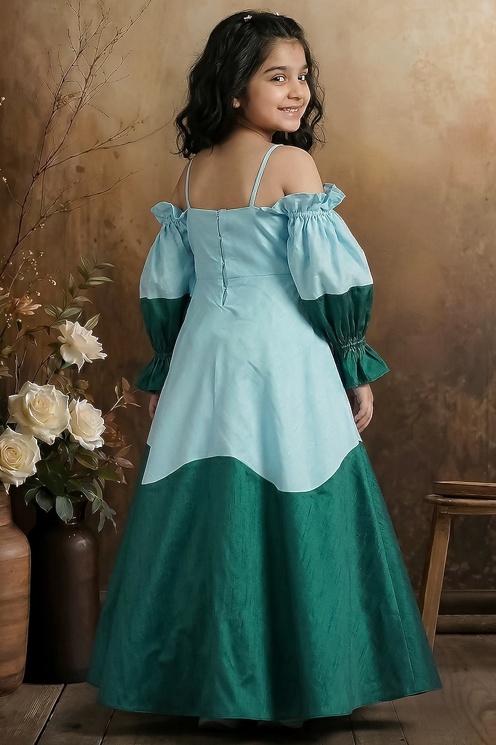 Sky Blue & Green Raw Silk Cold-Shoulder Gown For Girls by Pragya exclusive at Pernia's Pop Up Shop