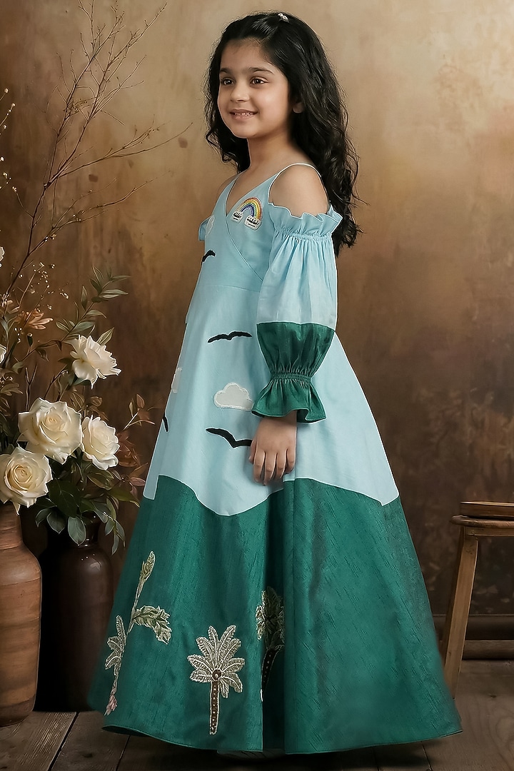 Sky Blue & Green Raw Silk Cold-Shoulder Gown For Girls by Pragya exclusive at Pernia's Pop Up Shop