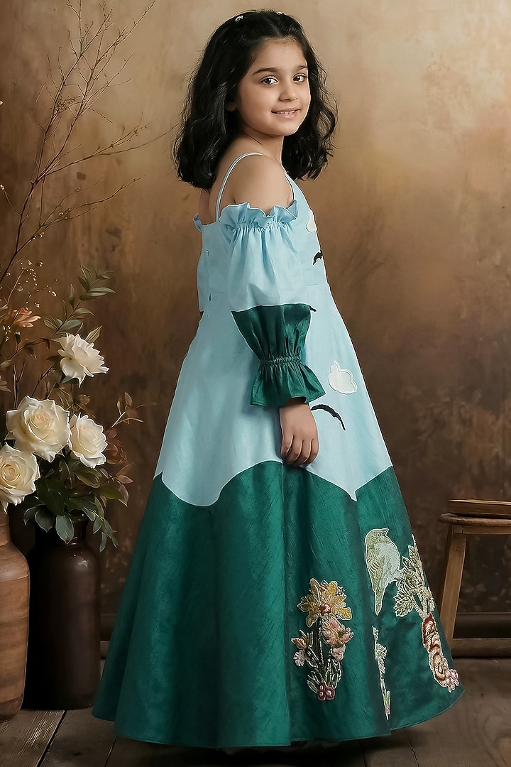 Sky Blue & Green Raw Silk Cold-Shoulder Gown For Girls by Pragya exclusive at Pernia's Pop Up Shop