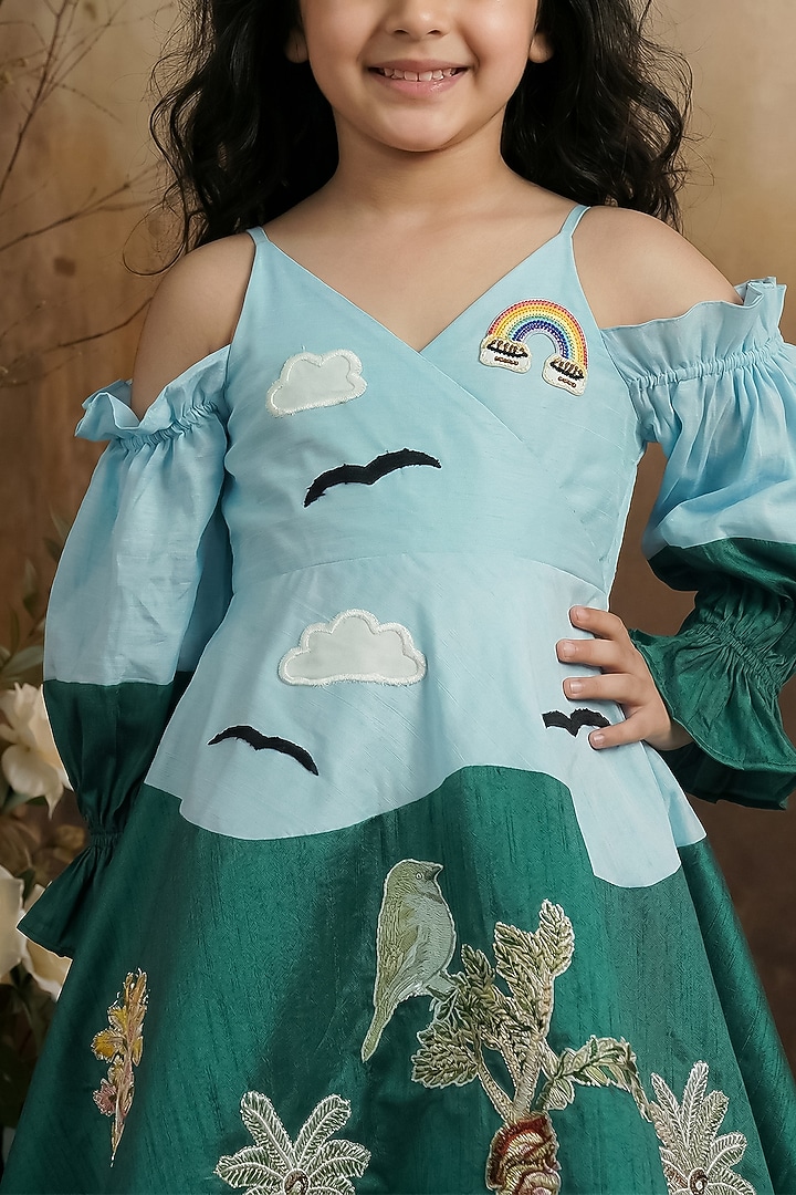 Sky Blue & Green Raw Silk Cold-Shoulder Gown For Girls by Pragya exclusive at Pernia's Pop Up Shop