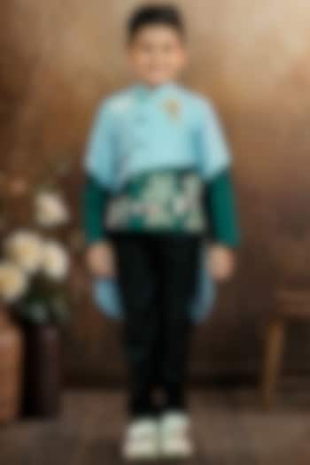 Sky Blue & Green Raw Silk Coat Set For Boys by Pragya exclusive at Pernia's Pop Up Shop