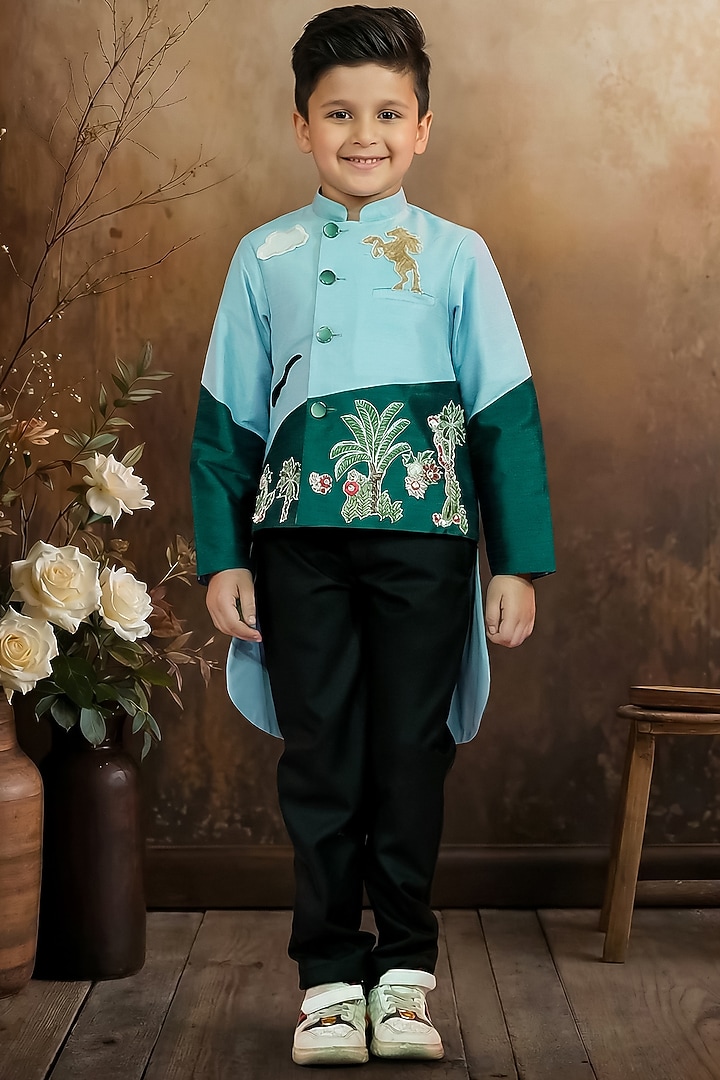 Sky Blue & Green Raw Silk Coat Set For Boys by Pragya exclusive at Pernia's Pop Up Shop