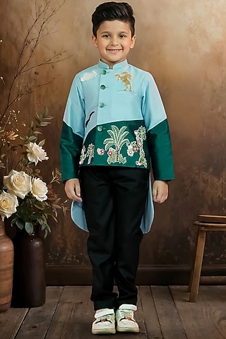 Sky Blue & Green Raw Silk Coat Set For Boys by Pragya exclusive