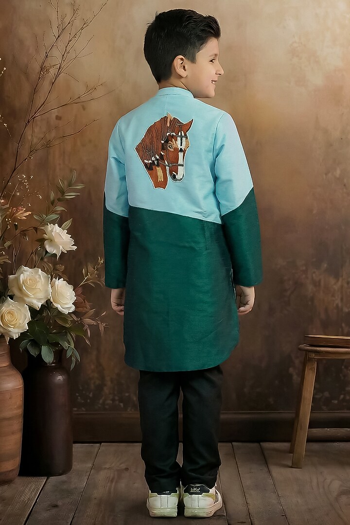 Sky Blue & Green Raw Silk Coat Set For Boys by Pragya exclusive at Pernia's Pop Up Shop