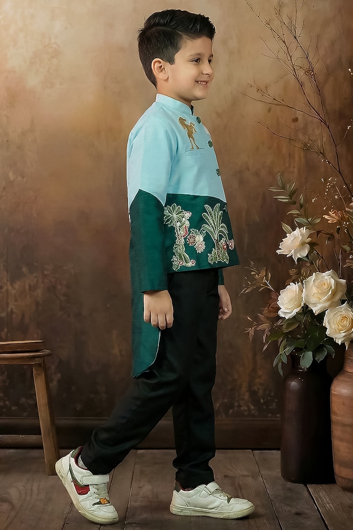 Sky Blue & Green Raw Silk Coat Set For Boys by Pragya exclusive at Pernia's Pop Up Shop
