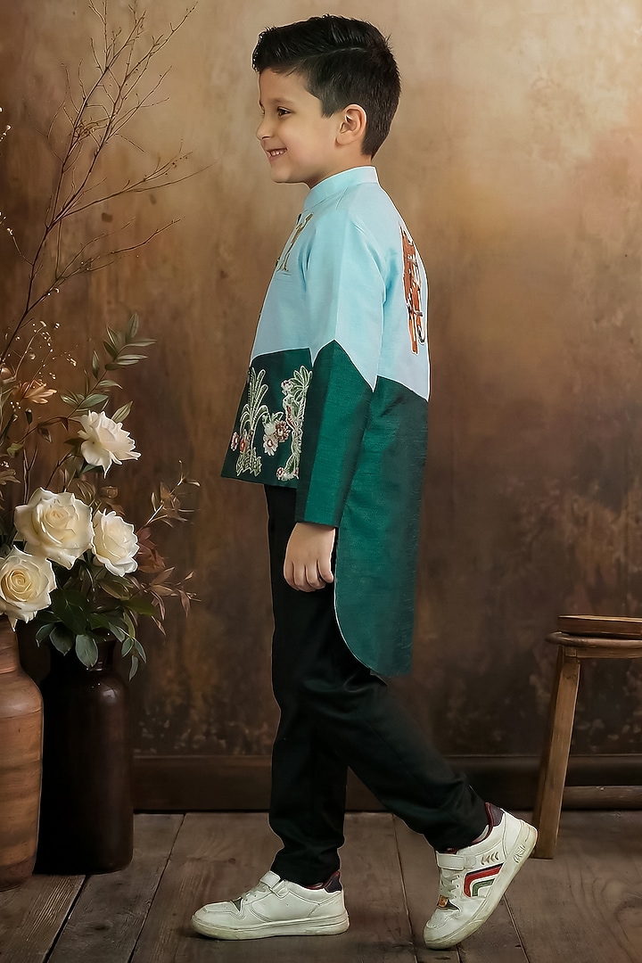 Sky Blue & Green Raw Silk Coat Set For Boys by Pragya exclusive at Pernia's Pop Up Shop