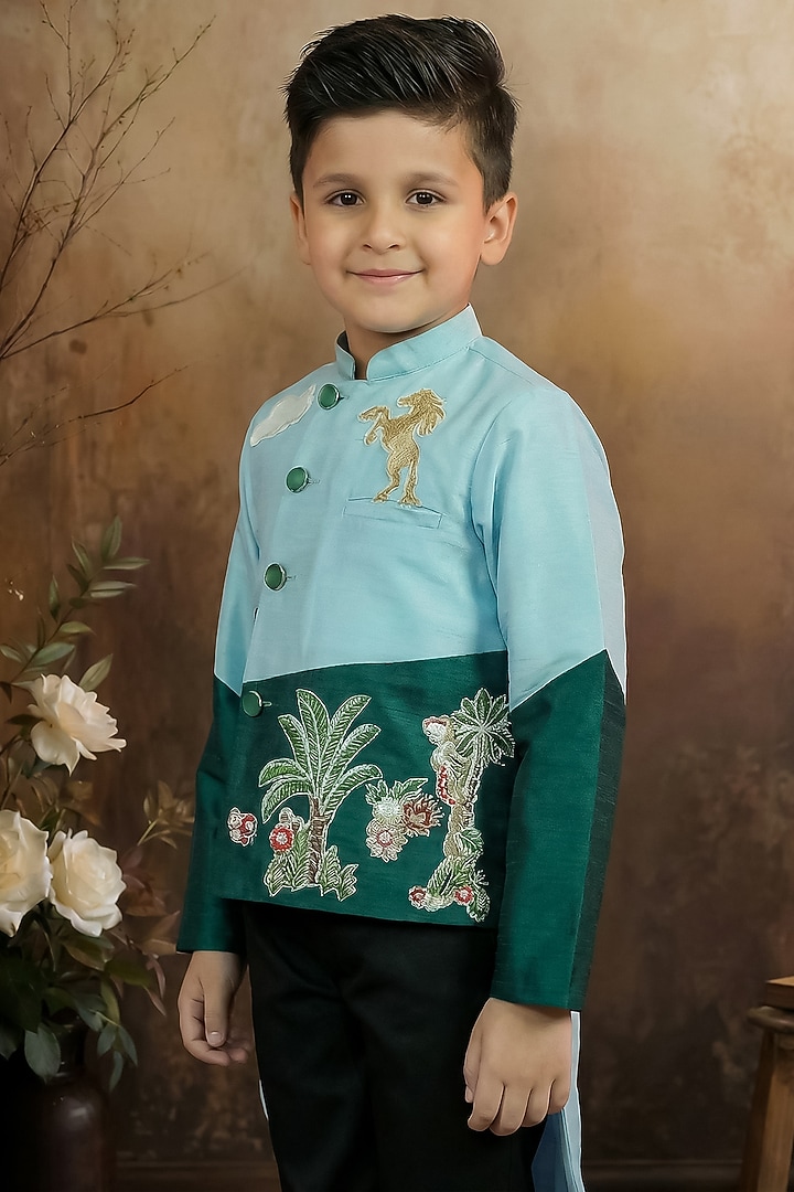 Sky Blue & Green Raw Silk Coat Set For Boys by Pragya exclusive at Pernia's Pop Up Shop