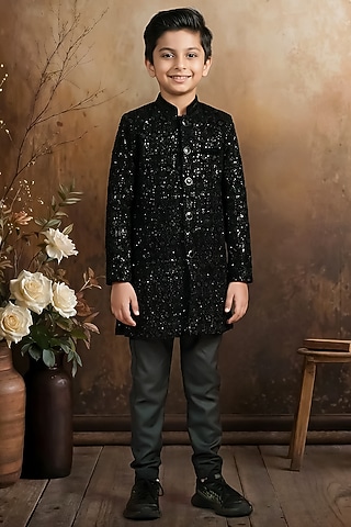 Black Velvet Embroidered Coat Set For Boys by Pragya exclusive