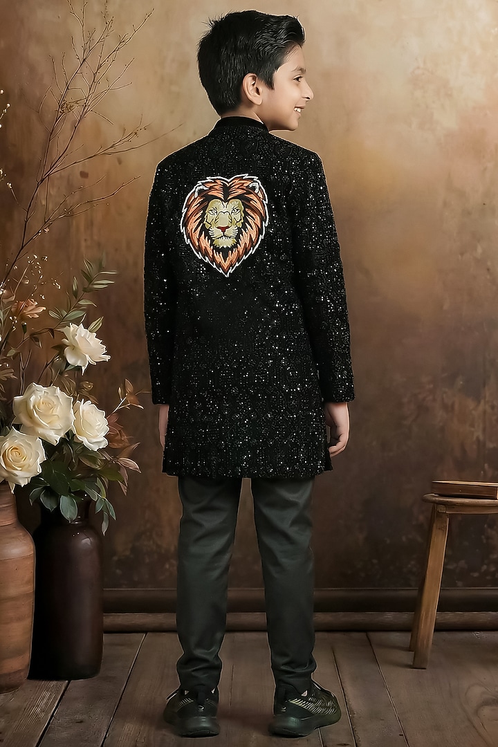 Black Velvet Embroidered Coat Set For Boys by Pragya exclusive at Pernia's Pop Up Shop