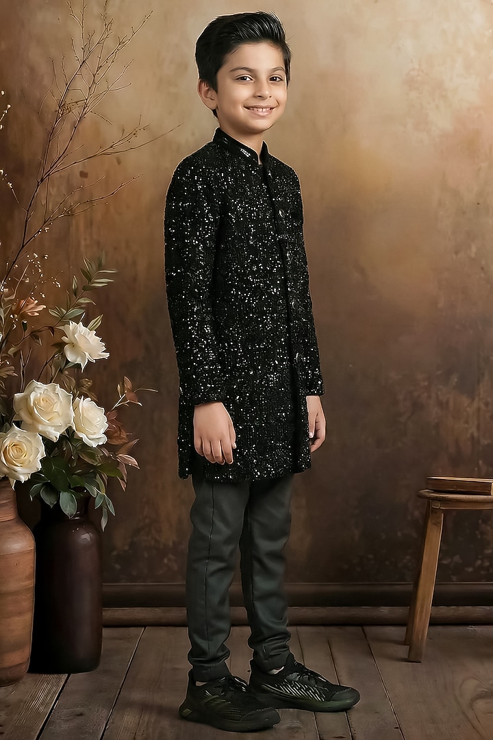 Black Velvet Embroidered Coat Set For Boys by Pragya exclusive at Pernia's Pop Up Shop