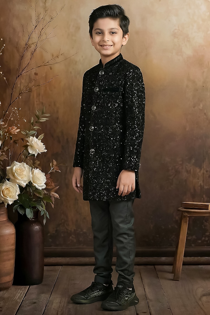 Black Velvet Embroidered Coat Set For Boys by Pragya exclusive at Pernia's Pop Up Shop