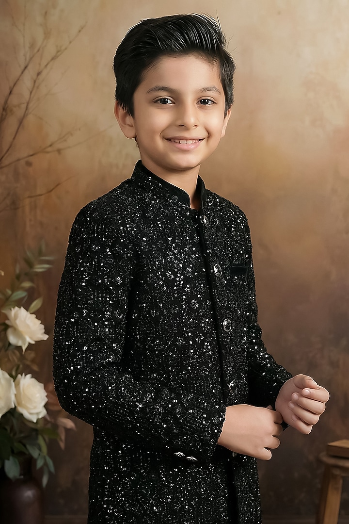 Black Velvet Embroidered Coat Set For Boys by Pragya exclusive at Pernia's Pop Up Shop