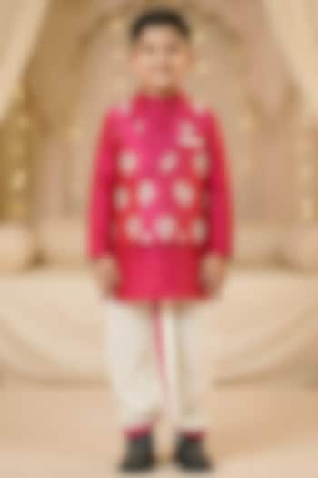 Hot Pink Cotton Nehru Jacket Set For Boys by Pragya exclusive at Pernia's Pop Up Shop