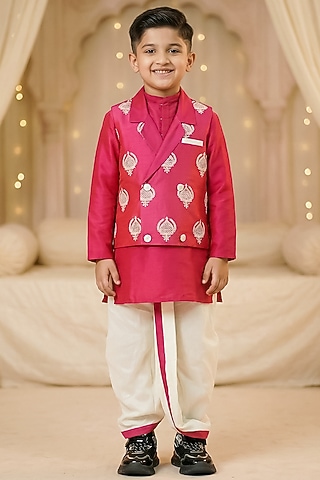 Hot Pink Cotton Nehru Jacket Set For Boys by Pragya exclusive