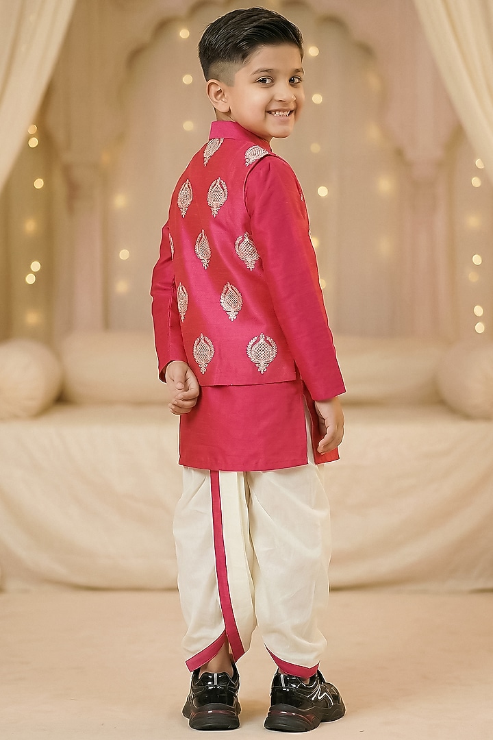 Hot Pink Cotton Nehru Jacket Set For Boys by Pragya exclusive at Pernia's Pop Up Shop