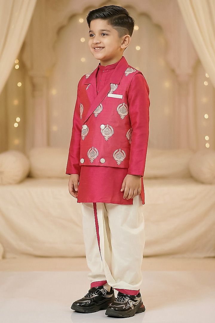Hot Pink Cotton Nehru Jacket Set For Boys by Pragya exclusive at Pernia's Pop Up Shop