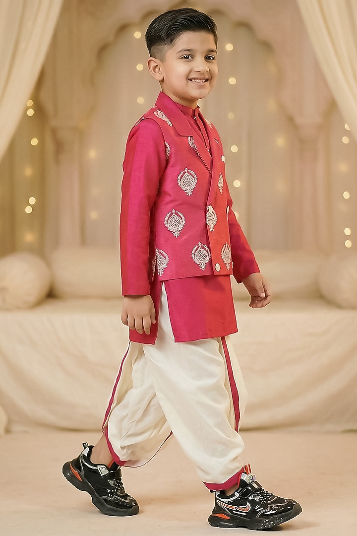 Hot Pink Cotton Nehru Jacket Set For Boys by Pragya exclusive at Pernia's Pop Up Shop