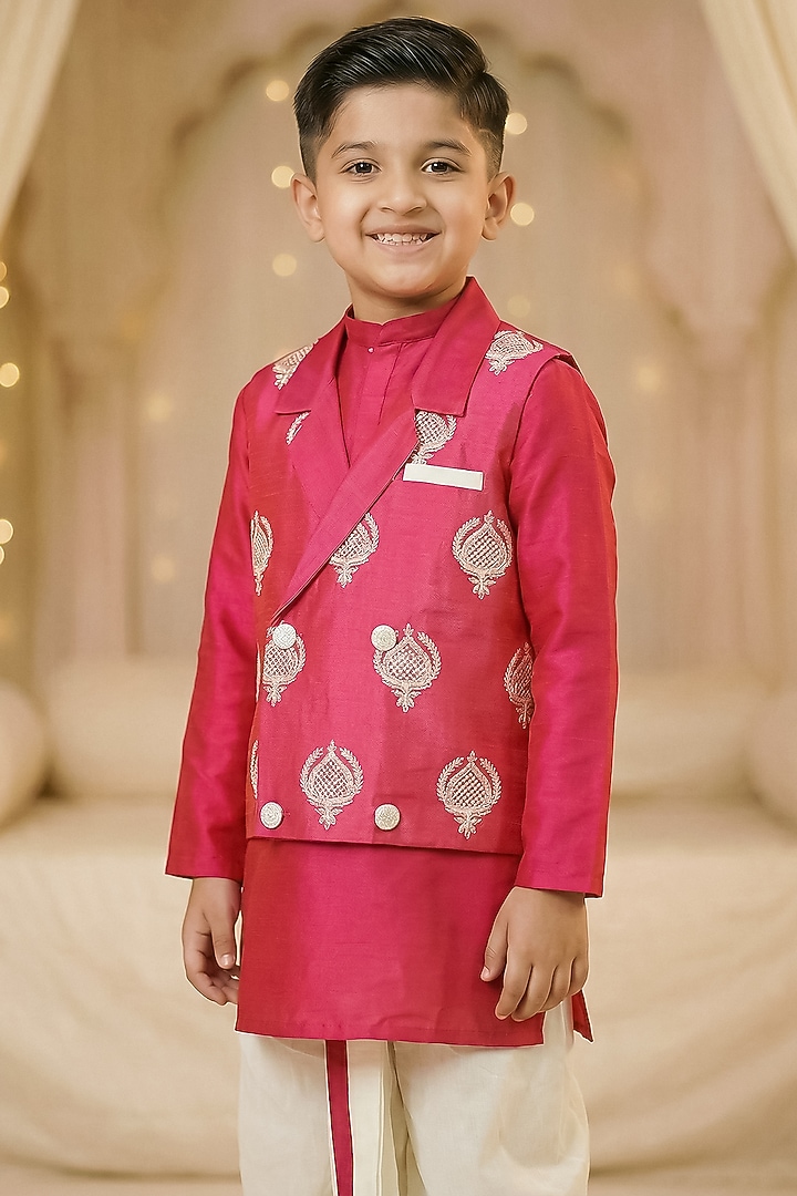 Hot Pink Cotton Nehru Jacket Set For Boys by Pragya exclusive at Pernia's Pop Up Shop