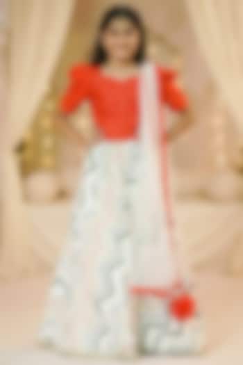 Off-White Raw Silk Embroidered Lehenga Set For Girls by Pragya exclusive at Pernia's Pop Up Shop