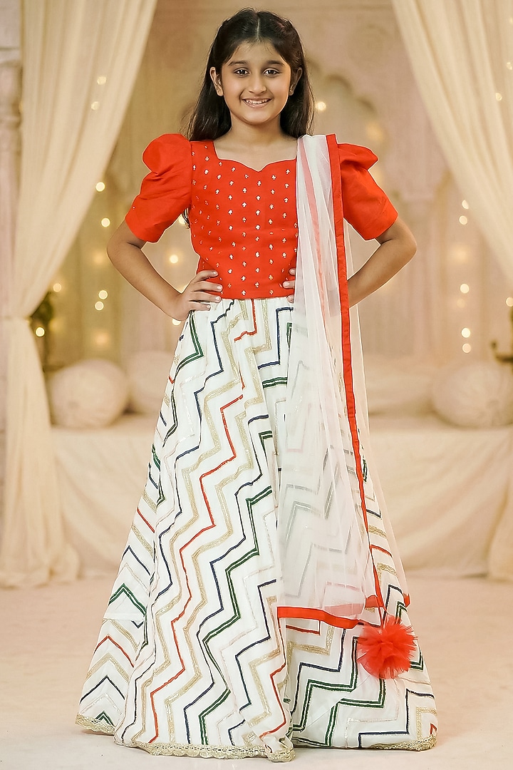 Off-White Raw Silk Embroidered Lehenga Set For Girls by Pragya exclusive at Pernia's Pop Up Shop