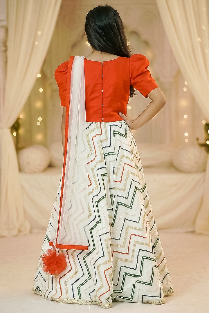 Off-White Raw Silk Embroidered Lehenga Set For Girls by Pragya exclusive at Pernia's Pop Up Shop