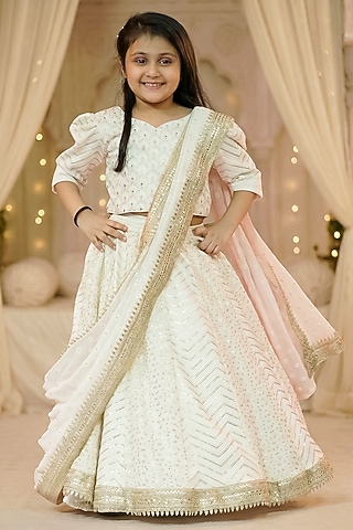 Off-White Dola Silk Thread & Sequin Work Lehenga Set For Girls by Pragya exclusive