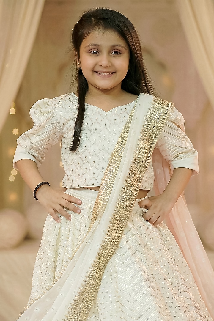 Off-White Dola Silk Thread & Sequin Work Lehenga Set For Girls by Pragya exclusive at Pernia's Pop Up Shop