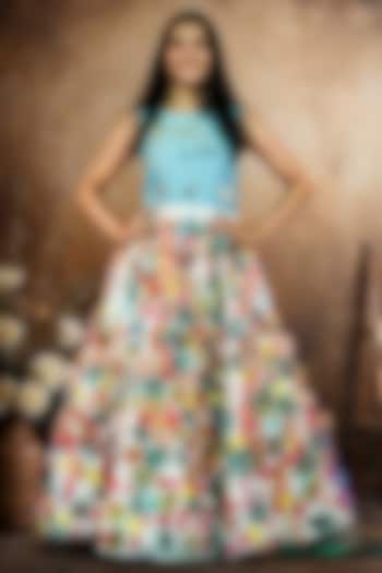 Multi-Colored Raw Silk 3D Floral Embroidered Gown For Girls by Pragya exclusive at Pernia's Pop Up Shop