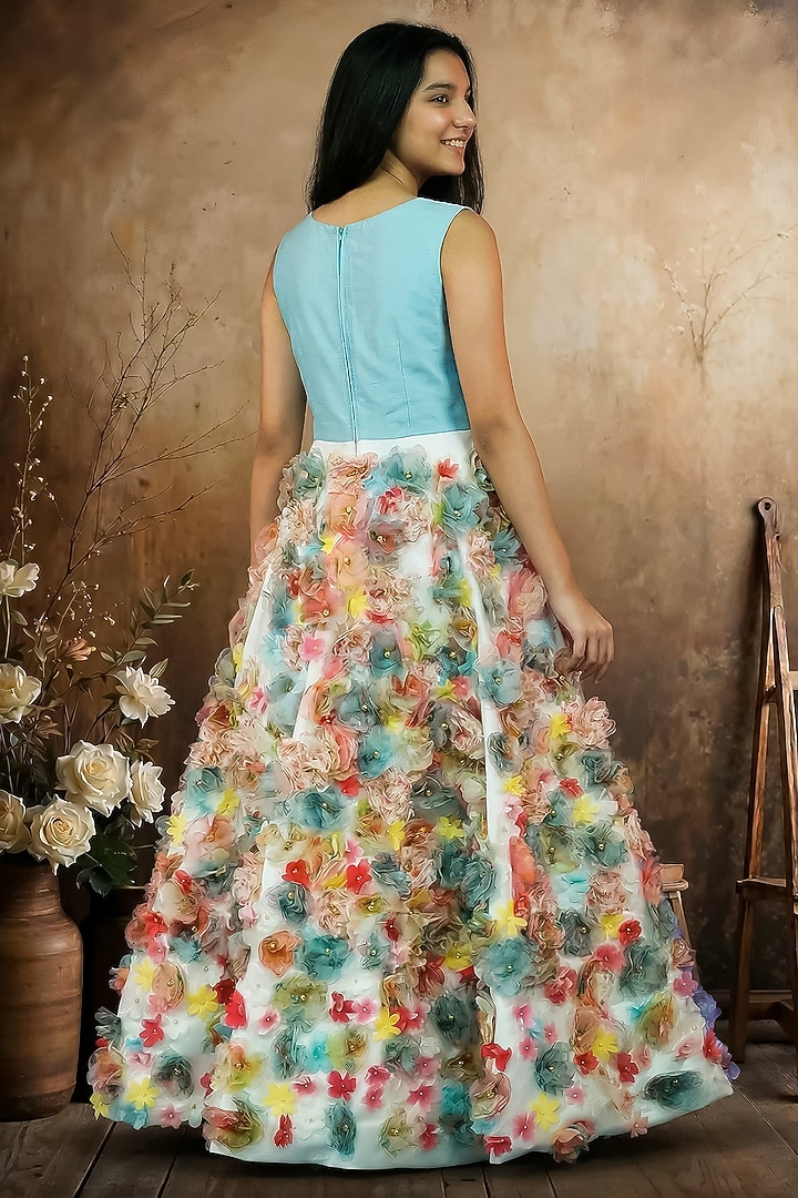 Multi-Colored Raw Silk 3D Floral Embroidered Gown For Girls by Pragya exclusive at Pernia's Pop Up Shop