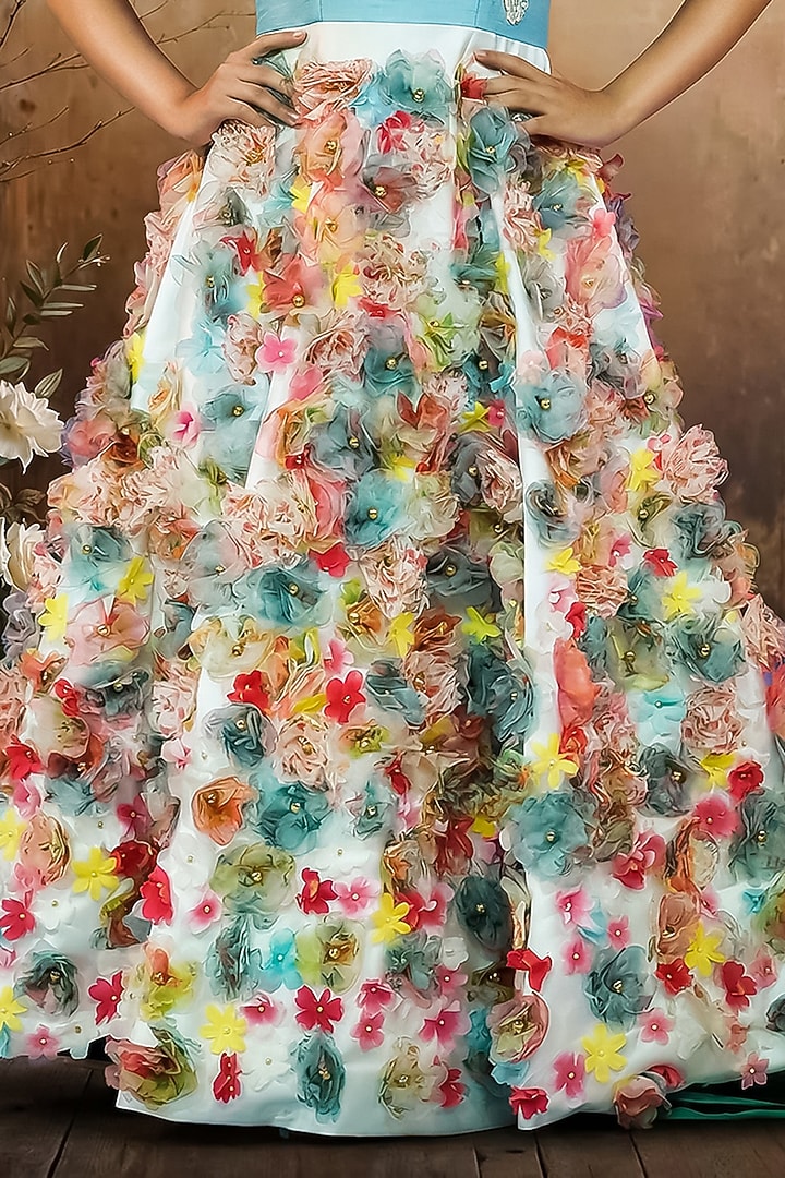 Multi-Colored Raw Silk 3D Floral Embroidered Gown For Girls by Pragya exclusive at Pernia's Pop Up Shop