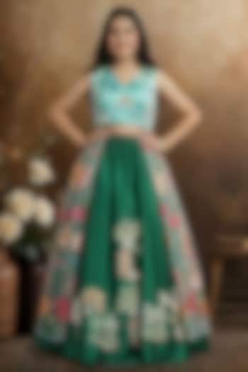 Green Raw Silk Embroidered Lehenga Set For Girls by Pragya exclusive at Pernia's Pop Up Shop