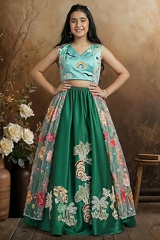 Green Raw Silk Embroidered Lehenga Set For Girls by Pragya exclusive