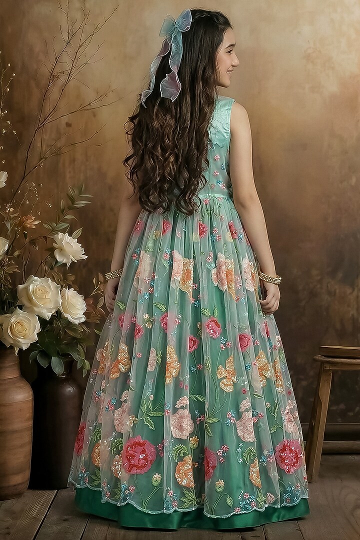 Green Raw Silk Embroidered Lehenga Set For Girls by Pragya exclusive at Pernia's Pop Up Shop