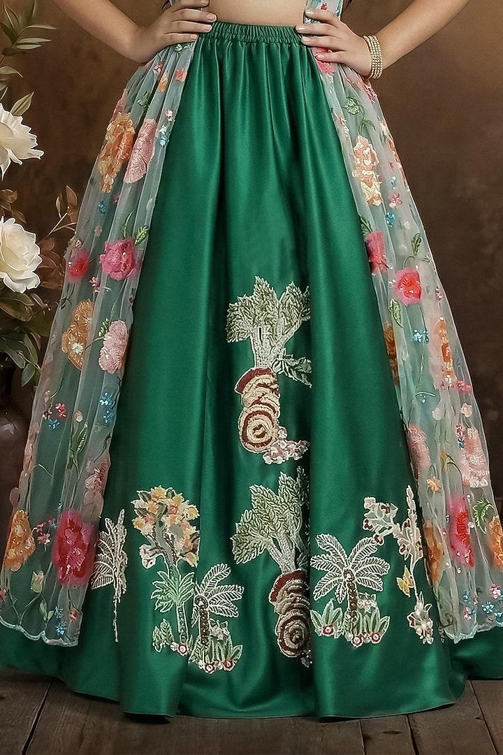 Green Raw Silk Embroidered Lehenga Set For Girls by Pragya exclusive at Pernia's Pop Up Shop