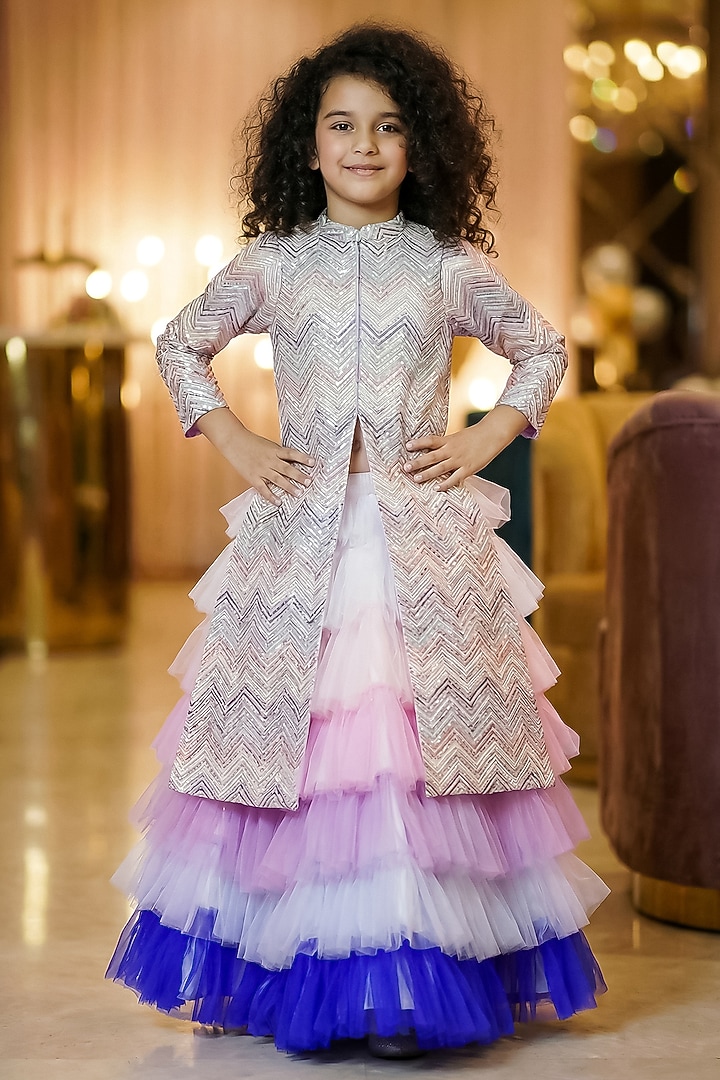 Multi-Colored Chinon Silk Thread Embroidered Lehenga Set by Pragya exclusive at Pernia's Pop Up Shop